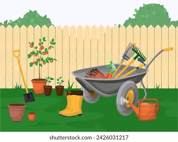 Herramientas de jardín en frente de la ilustración vectorial de valla. Carretilla con rastrillos y guantes de goma, botas de goma, regadera, pala. Jardinería, concepto de hobby.