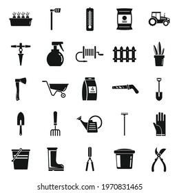 Garden tools, gardening equipment black silhouette icons. Shovel and rake for garden, illustration of farm, garden vector collection