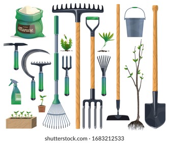 Garden tools and gardening equipment with plants, agriculture and farming. Vector shovel, rake and spade, flower pot, trowel, pitchfork and bucket, water sprayer, tree and seedling box, weeds and hoe