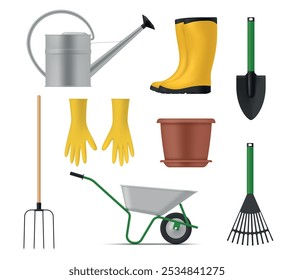 Garden tools for gardening farming plant growing set realistic vector illustration. Farm horticulture cultivation equipment watering can rubber boots gloves shovel rake fork trolley flower pot