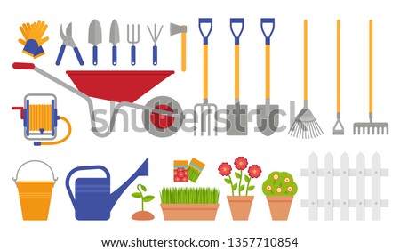 Garden tools. Gardening set. Vector. Instrument icons for horticulture rake, shovel, watering equipment, scissors, seed, plant, pruner. Collection isolated, white background. Cartoon flat illustration