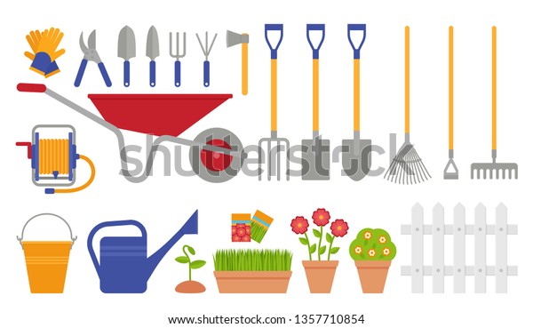 Garden tools. Gardening set. Vector.\
Instrument icons for horticulture rake, shovel, watering equipment,\
scissors, seed, plant, pruner. Collection isolated, white\
background. Cartoon flat\
illustration