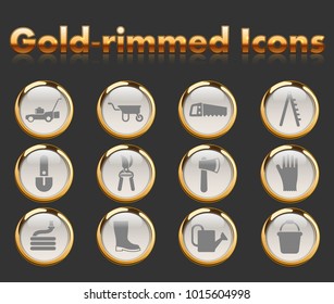 garden tools gold-rimmed vector icons with black background