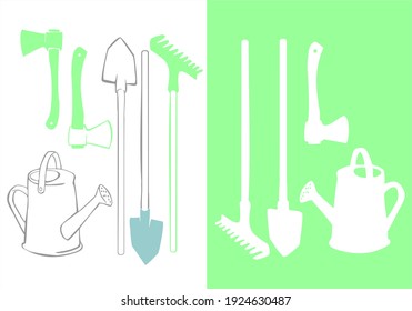 Herramientas de jardín. Dibujado a mano. Digitalizado. Vector. Imágenes prediseñadas.