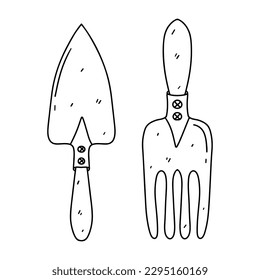 Herramientas de jardín con estilo de doodle dibujado a mano. Ilustración vectorial aislada en blanco. Colorido de la página.