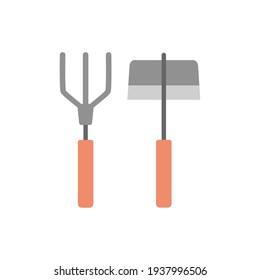 garden tools hoe and rake isolated on white background, gardening instrument hand rake and hoe in style flat, vector illustration