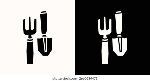 Garden Tools Icon in Black Filled and White Filled Cutout Style