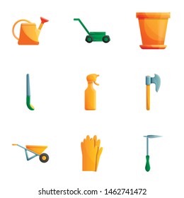 Garden tools icon set. Cartoon set of 9 garden tools vector icons for web design isolated on white background