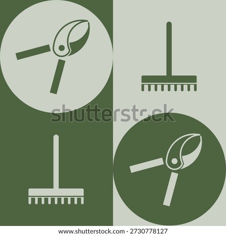 Garden Tools Icon Set with Pruning Shears and Rake in Green Flat Style