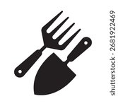 Garden tools icons. Hand fork and trowel for gardening and planting