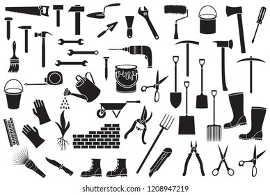 Garden tools icons set - black silhouettes (ax, pick, hammer, shovel, rake, scissors, nail, wrench, paint roller, shears, wheelbarrow, trowel, watering can, brick wall)