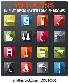 garden tools icons set in flat design with long shadow