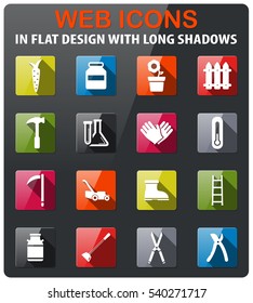 Garden tools icons set in flat design with long shadow