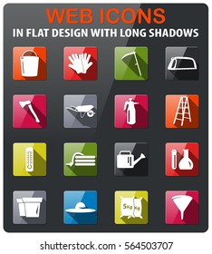 garden tools icons set in flat design with long shadow