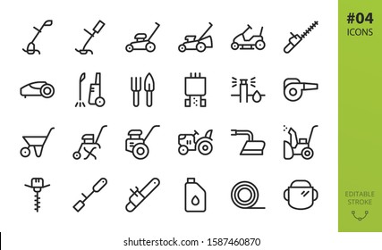 Garden tools icons set. Set of grass trimmer, lawn mower robot, high pressure washer, agriculture hand tiller, power gardening tool, snow plow, mini tractor, trolley, trimmer line isolated vector icon