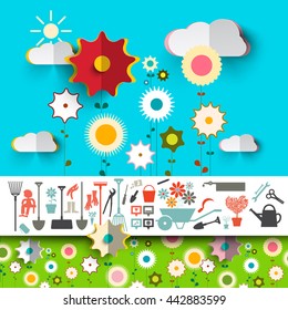 Garden Tools Icons. Vector Flowers Design on Blue Sky with Clouds and Green Grass.