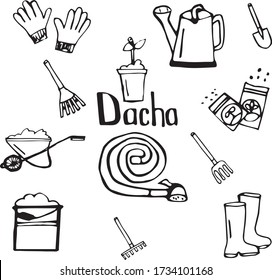 Garden tools icons vector tools rake shovel fork farm cottage garden vegetable garden cart earth sprout spring self isolation labor may