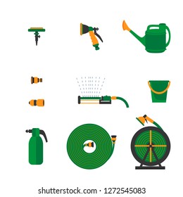 Garden tools and icons for watering: garden spray, hose,  water sprinkler, watering can. All for watering business vector illustration 