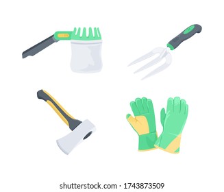 Garden Tools, illustration, icons, set. Fork for gardening, fruit picker, garden ax, garden gloves