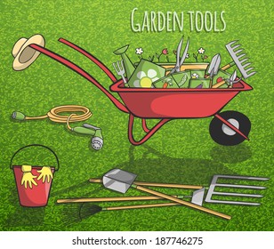 Garden tools and instruments collection concept poster with accessories in barrow on grass background vector illustration