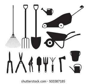 Garden Tools, Instruments Flat Icon Collection Set. Shovel, bucket, rake, secateurs, scissors, wheelbarrow and watering Vector Illustration EPS10