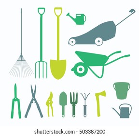 Garden Tools, Instruments Flat Icon Collection Set. Shovel, bucket, rake, secateurs, scissors, wheelbarrow and watering Vector Illustration EPS10