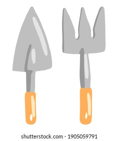 Garden tools isolated on white background. Hand drawn vector illustration. Colored cartoon doodle. Single drawing of trowel, rake, equipment. Element for design, print, sticker, postcard, decoration.