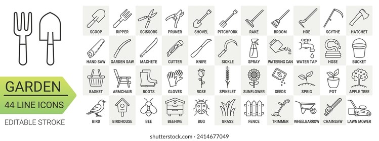 Garden tools. Line icon set with editable stroke. Vector gardening symbols for agriculture design. Collection of simple elements: hand tools, equipment, garden supplies. 44 editable line icons.