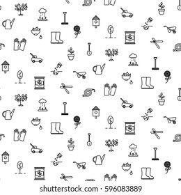 Garden tools line icons vector monochrome seamless pattern. Gardening and planting objects background in outline style.