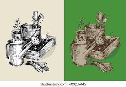 Garden Tools Line Illustrated Set