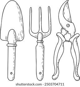 Garden tools linear icons and doodles. Garden rake, garden fork, flower trowel, hand cultivator, pruning shears, secateurs, bayonet shovel, brush, pitchfork. Line art isolated on white.