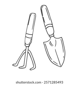 Garden tools linear icons and doodles. Garden rake, garden fork and a shovel.