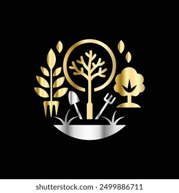 Garden tools logo design template. Vector illustration. Gold and black colors.