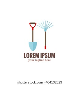 Garden tools logo. Shovel and rake, symbol of gardening and truck farming. Vector logo in flat style isolated on  white background
