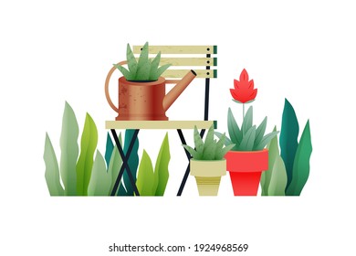 Garden Tools. Modern Flat Vector Illustration. Watering Can on Chair, Decorative Leaves, Kinds of Growing Plants in Pots. Social Media Template. 