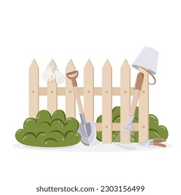 Garden tools near fence in countryside. Shovel, bucket, secateurs, rake. Agriculture, gardening and harvesting concept.  Cute isolated vector illustration in cartoon style