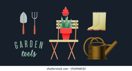 Garden Tools on Dark Background. Garden Tools. Lettering Composition. Modern Flat Vector Illustration. Plant in Pot on Chair, Garden Trowel, Fork, Boots, Watering Can. Social Media Template. 