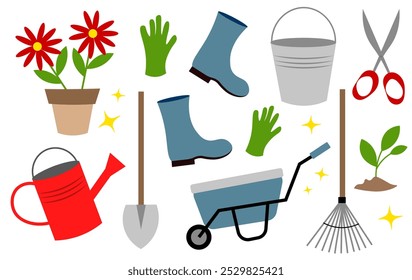 Garden tools on a white background. Shovel, rake, boots, gloves, watering can, bucket, scissors, flowers