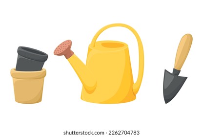 Garden tools on a white. Yellow watering can, beige pots and gray shovel. Collection. Icons. Stickers. Vector texture. Isolated elements. Cartoon illustration. Flat. Card.
