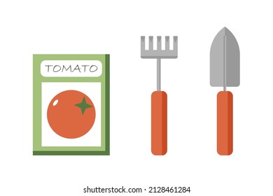 garden tools and a pack of tomato seeds vector illustration
