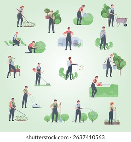 Garden tools and people icon set with flat isolated human characters of gardeners performing different works vector illustration