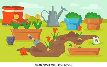 Garden tools for planting flowers in front of blue sky. Boots, shovel, flowers growing, pack of seeds, pots, watering can cartoon vector illustration. Gardening, hobby, agriculture concept