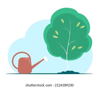 Garden tools for planting a tree. Watering can and seedling. Garden work outside. Spring and care for nature. Vector flat illustration