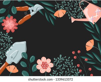 Garden tools and plants dark hand drawn vector background