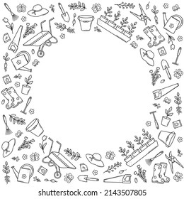 Garden tools and plants frame, a set of vector doodle illustrations. Concept gardening, a summer hobby