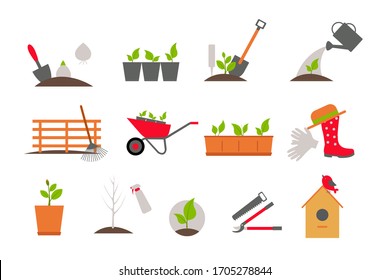 Garden tools and plants icons.