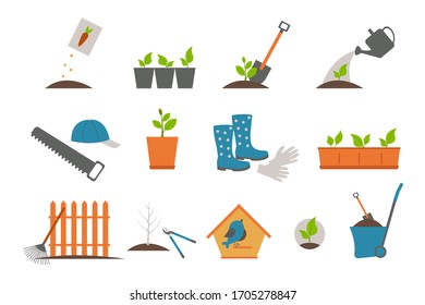 Garden tools and plants icons.