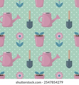 Garden tools and plants on a pastel green background. Seamless pattern. Spring and summer background for paper, cover, textile, wallpaper, interior decor.