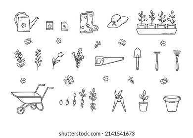 Herramientas de jardín y plantas, un conjunto de ilustraciones de doodles vectoriales. Jardinería conceptual, pasatiempo de verano.