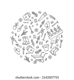 Garden tools and plants, a set of vector doodle illustrations. Concept gardening, a summer hobby